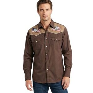 High Noon Mens Large Western Shirt Eagle Flag Embroidered Brown Rockabilly Rodeo
